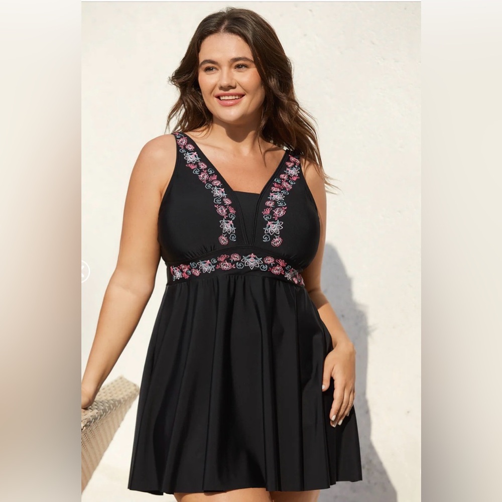 Embroidered V-Neck Swim Dress